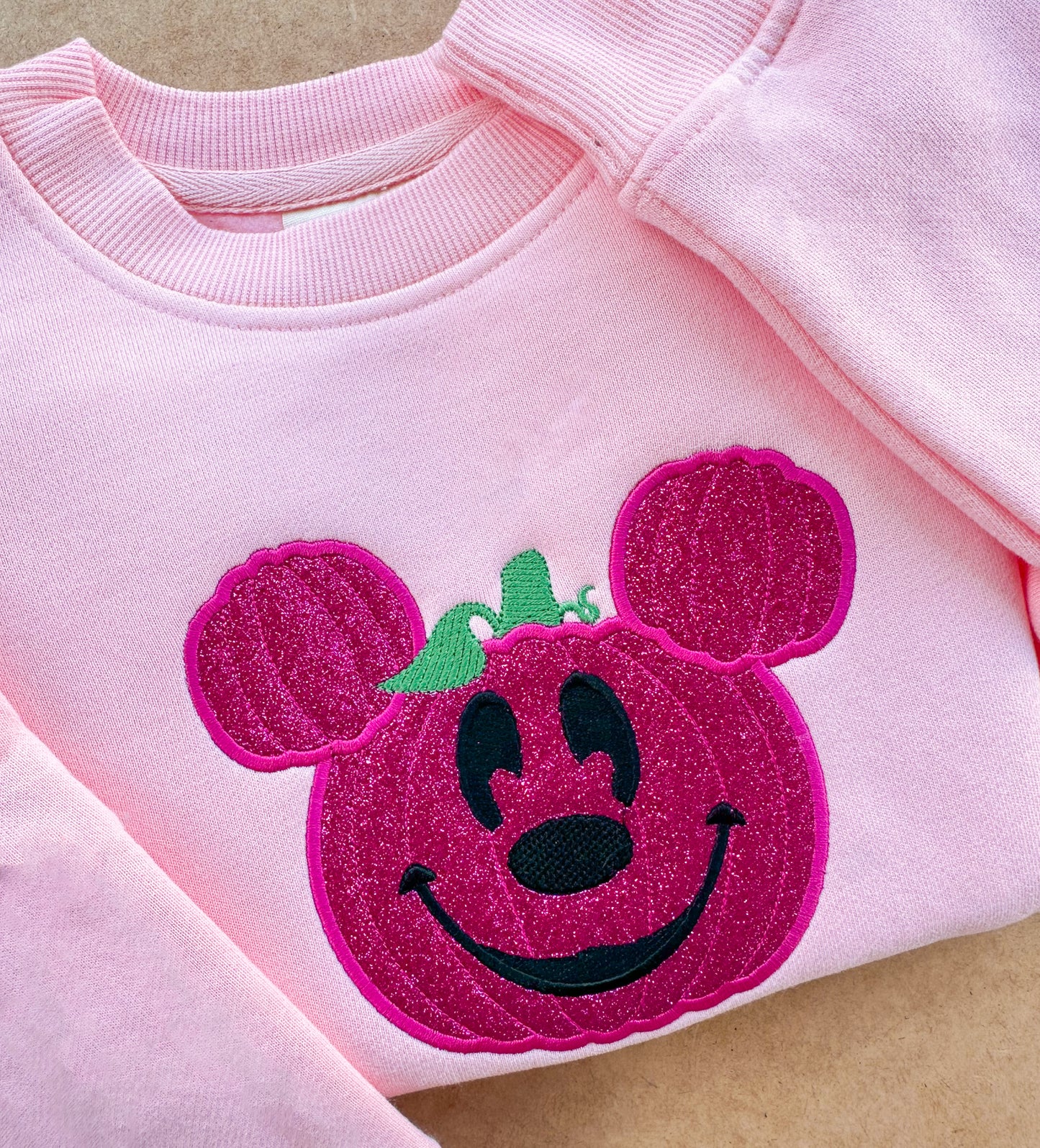 Pink Glitter Halloween Pumpkin Embroidered Crewneck Sweatshirt - Adult