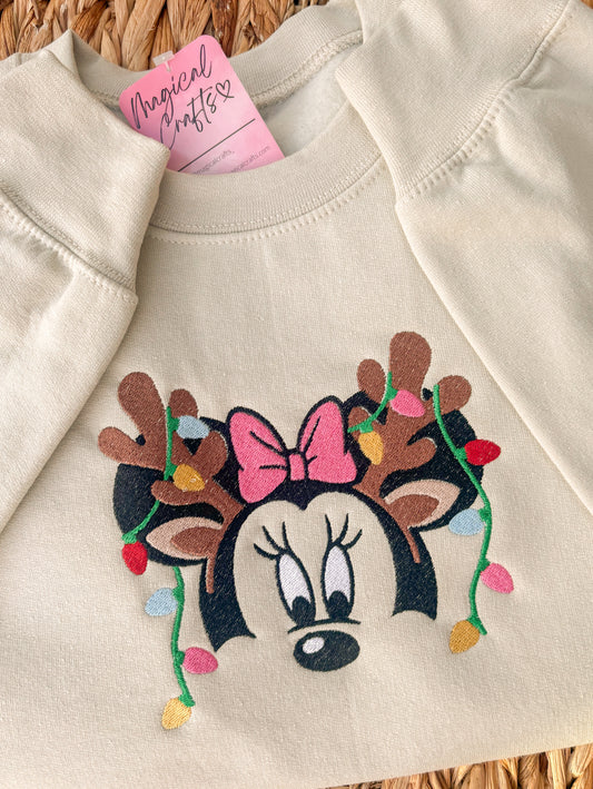 Minnie Reindeer Christmas Embroidered Crewneck