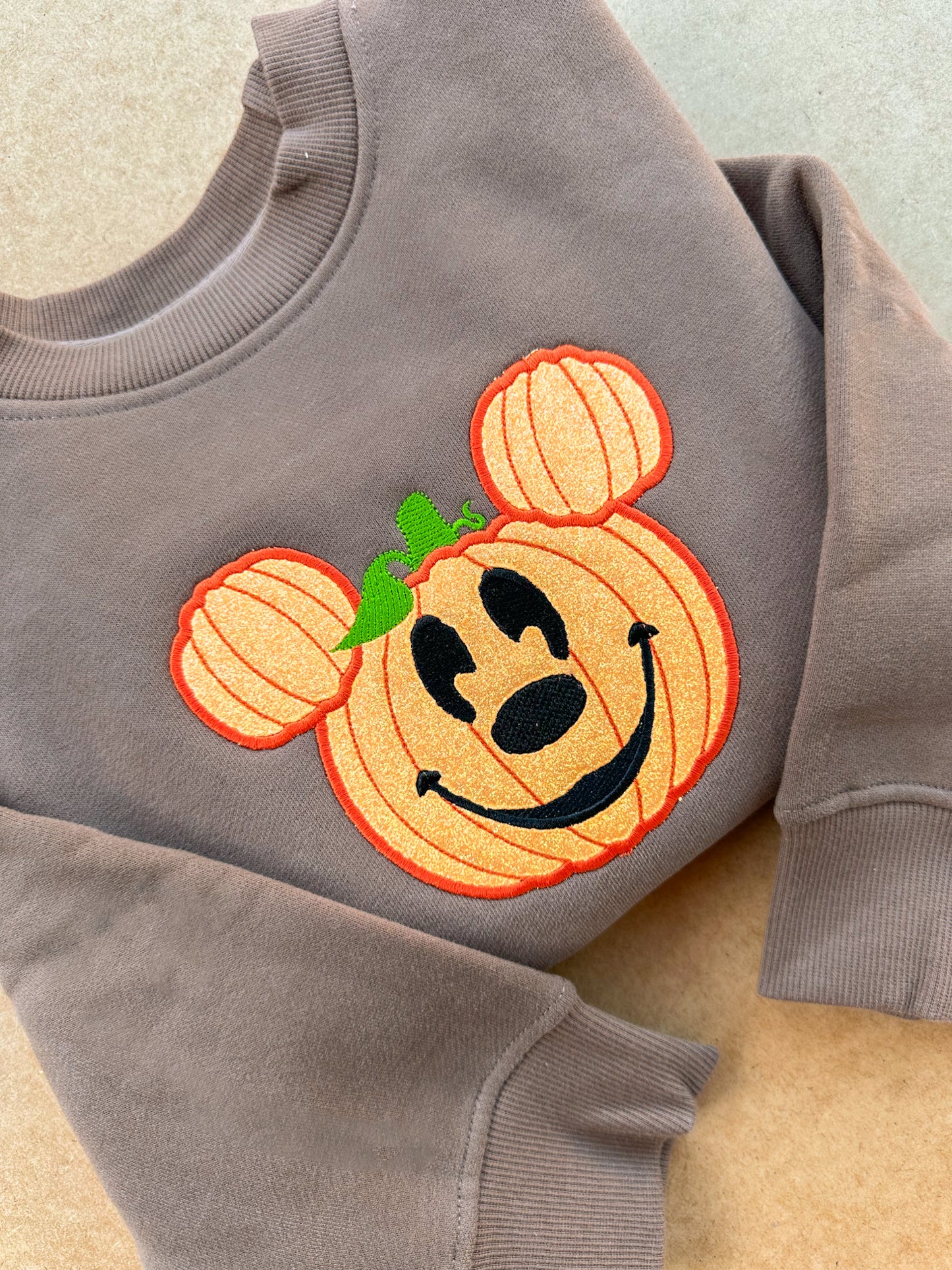 Orange Glitter Halloween Pumpkin Embroidered Crewneck Sweatshirt - Kid