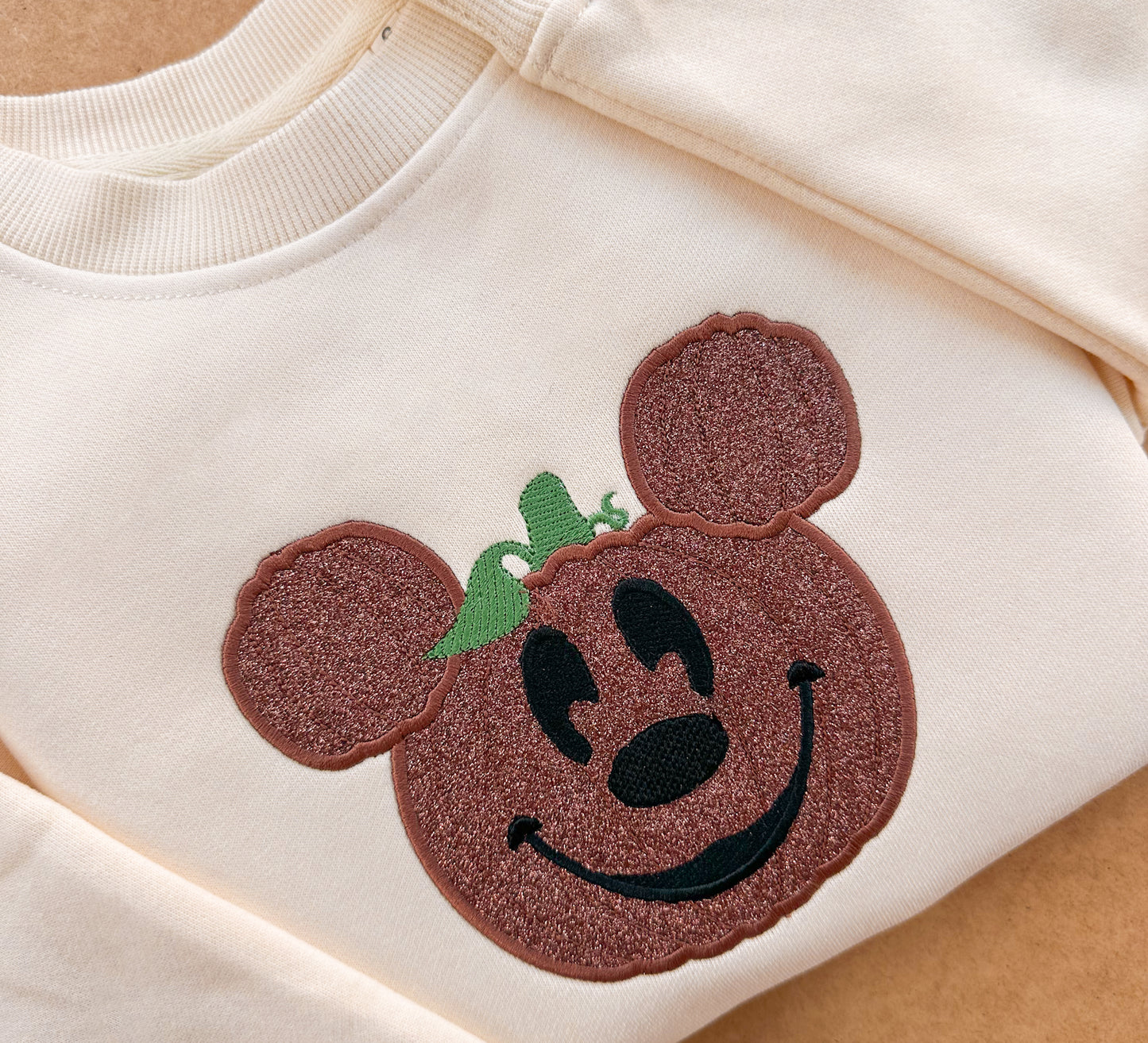 Brown Glitter Halloween Pumpkin Embroidered Crewneck Sweatshirt - Kid