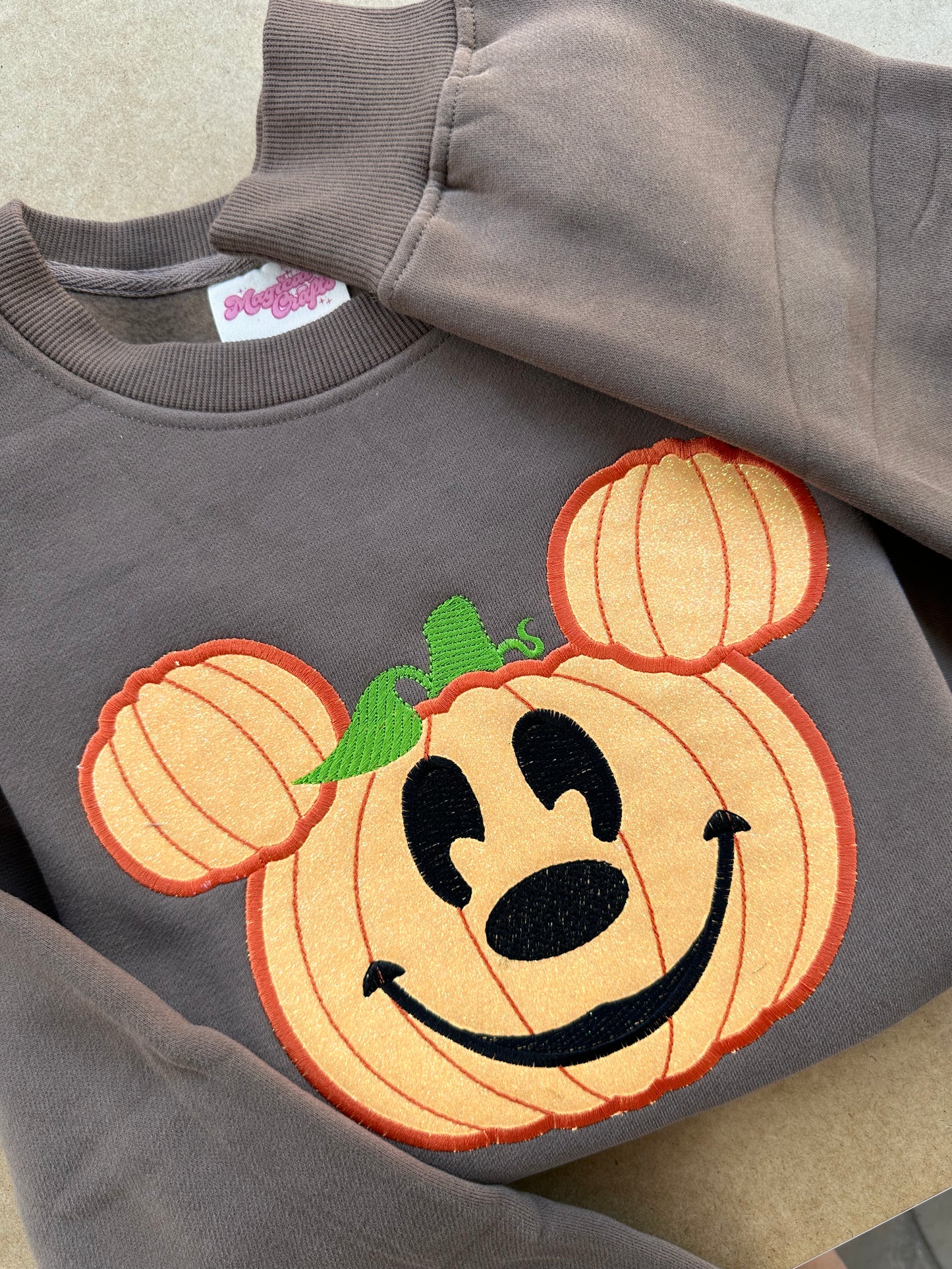 Orange Glitter Halloween Pumpkin Embroidered Crewneck Sweatshirt - Adult