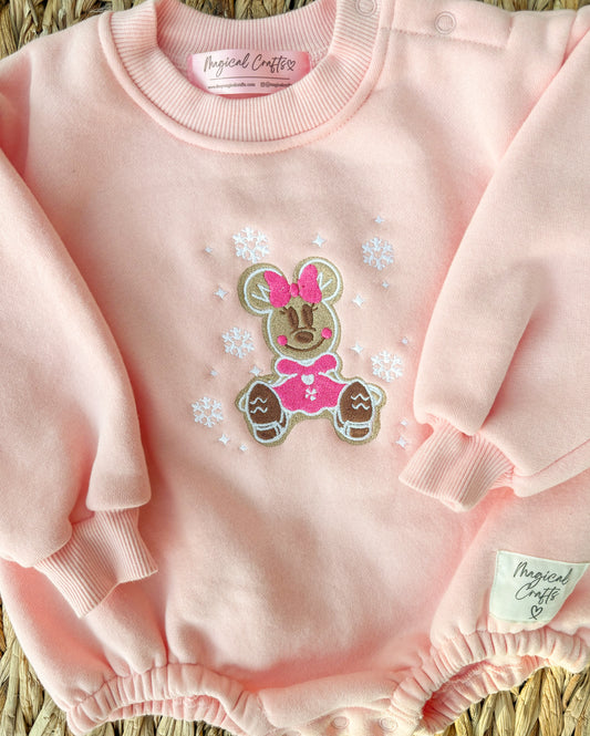 Pink Minnie Reindeer Christmas Embroidered Bubble Romper - Kid