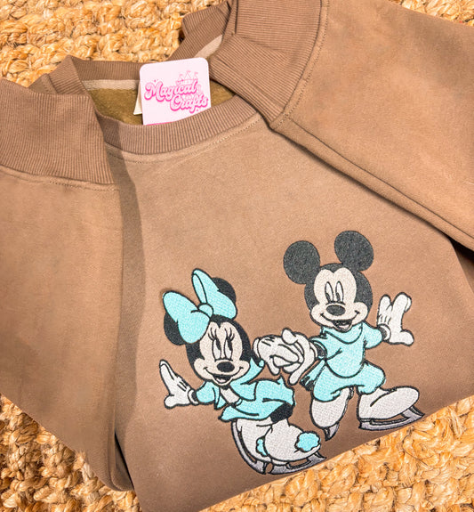 Mickey & Minnie Ice Skating Embroidered Crewneck Sweatshirt