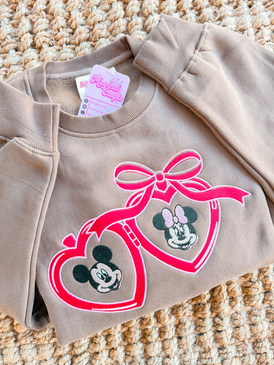 Mickey and Minnie Valentines Locket Embroidered Sweatshirt