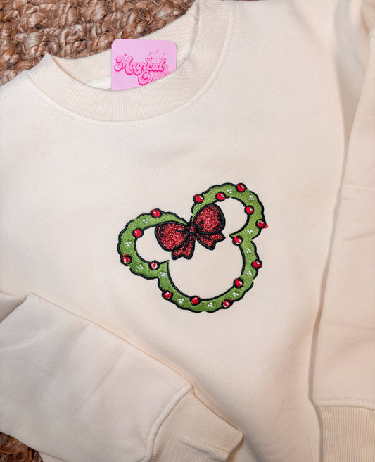 Minnie Wreath Christmas Embroidered Crewneck Sweatshirt - Kid Size