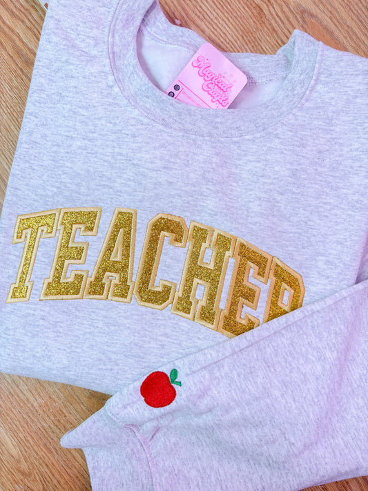 Teacher Glitter w. Apple on Sleeve Embroidered Crewneck Sweatshirt