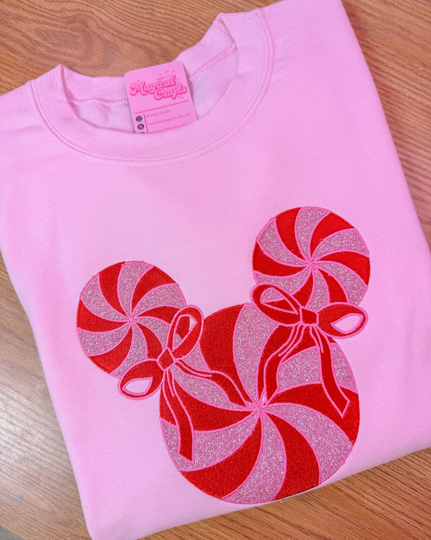 Pink Glitter Candy Cane Christmas Mouse Embroidered Crewneck Sweatshirt