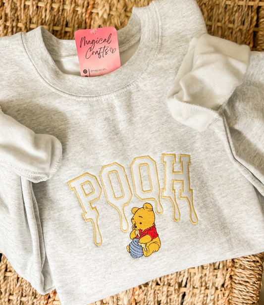 Pooh Drip Embroidered Crewneck Sweatshirt - Ash