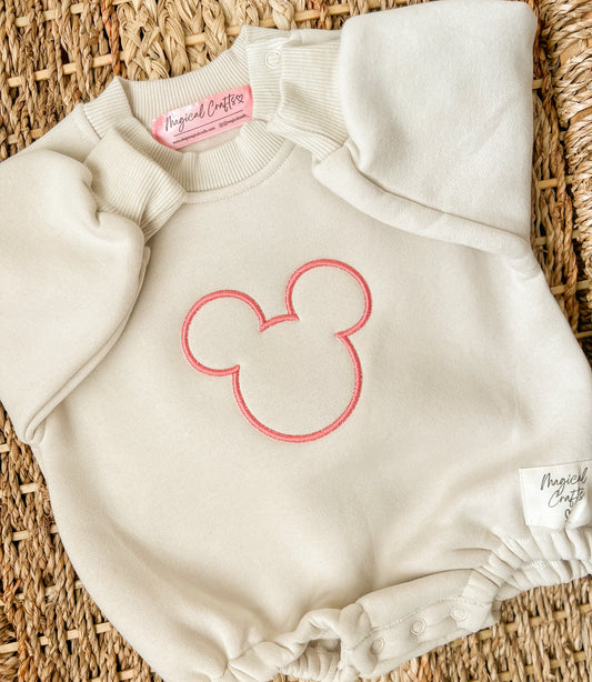 Mouse Head Baby Embroidered Romper - Sand
