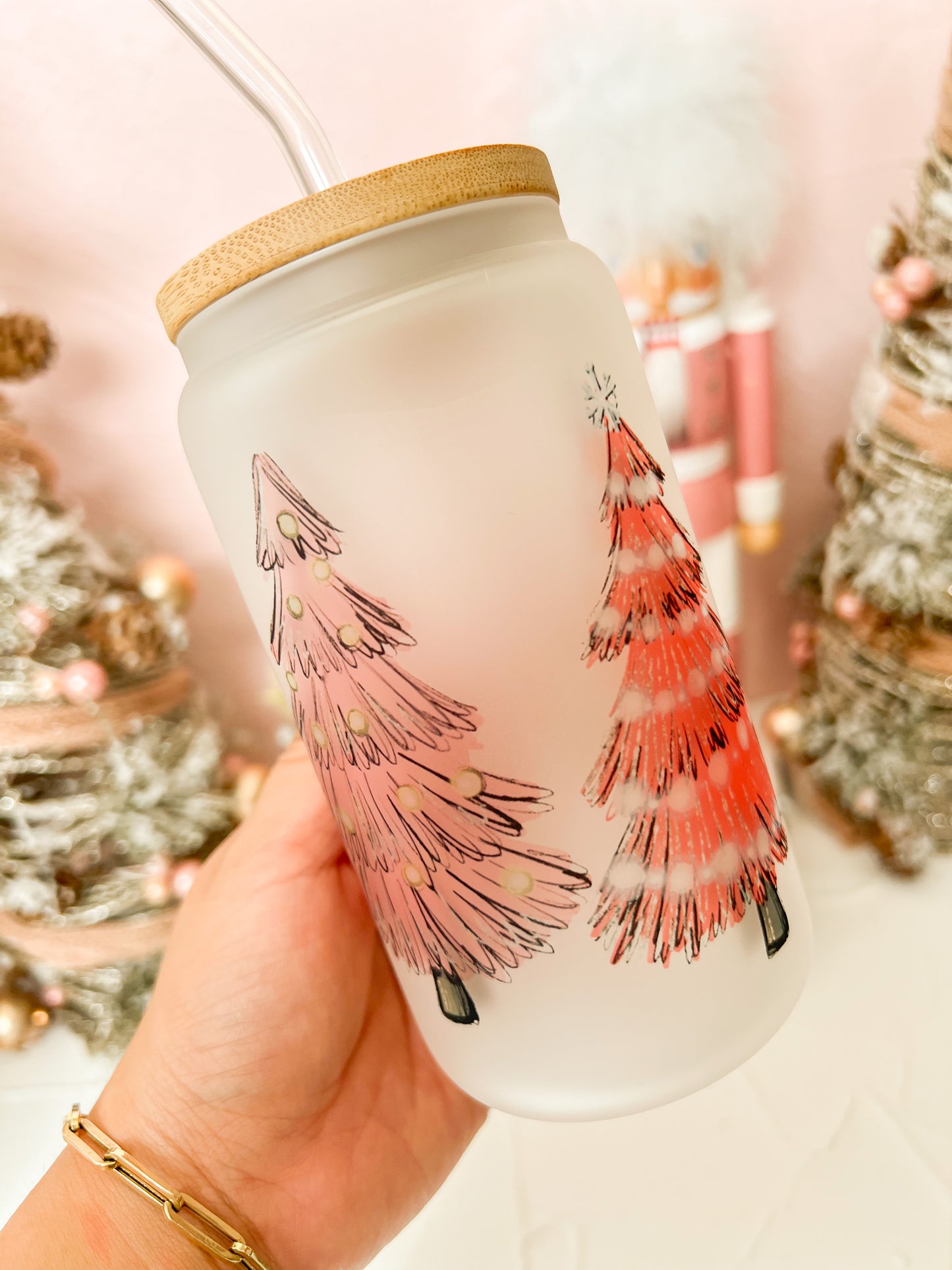 Pink Trees Christmas Glass Cup