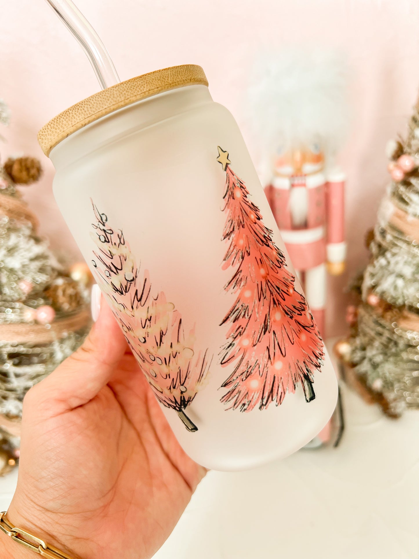 Pink Trees Christmas Glass Cup