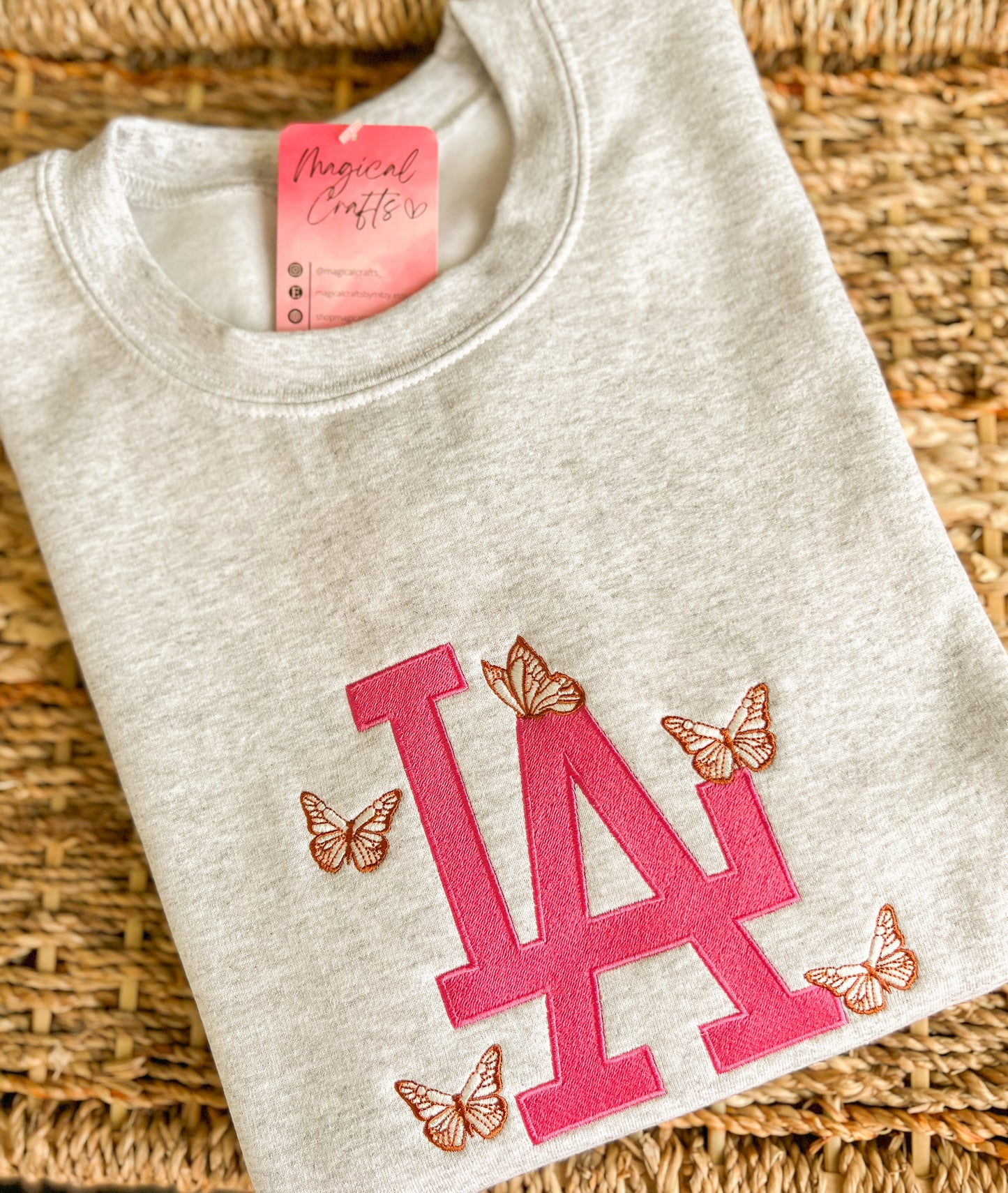 Pink LA Butterflies Embroidered Crewneck Sweatshirt - Ash