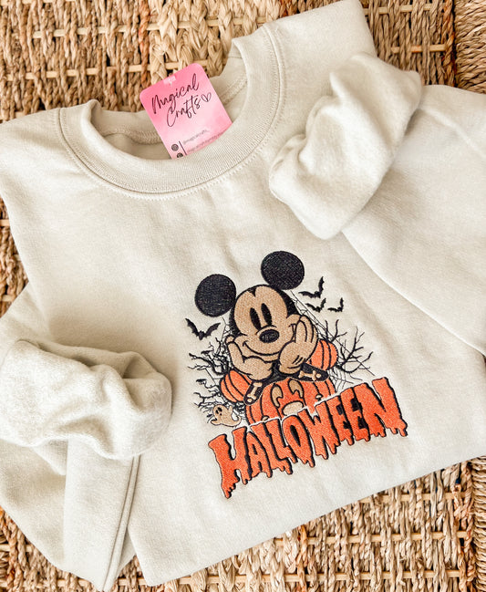 Mr. Mouse Pumpkin Halloween  Embroidered Crewneck Sweatshirt - Sand