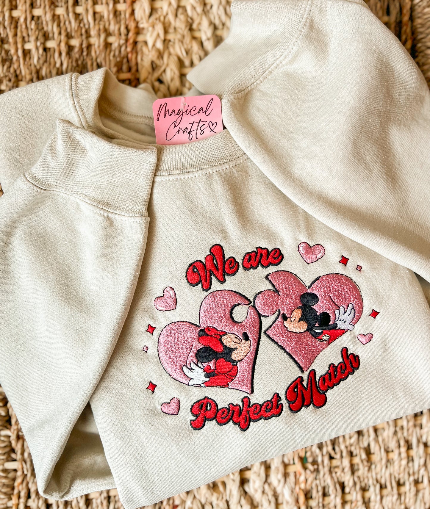We are a perfect match Valentines Day Embroidered Sweatshirt - Sand