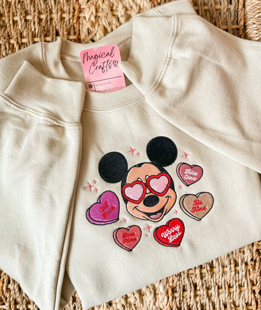 Boy Mouse Sweethearts Valentines Day Embroidered Sweatshirt - Sand